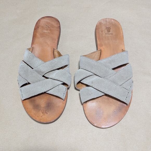 FRYE Carla Criss Cross Open Toe Sandals Ash Gray Suede Leather Grey Western 7 - Picture 1 of 5